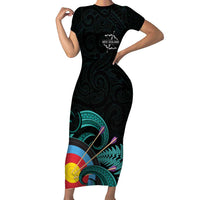 Personalised New Zealand Archery Family Matching Short Sleeve Bodycon Dress and Hawaiian Shirt Turquoise Maori Silver Fern