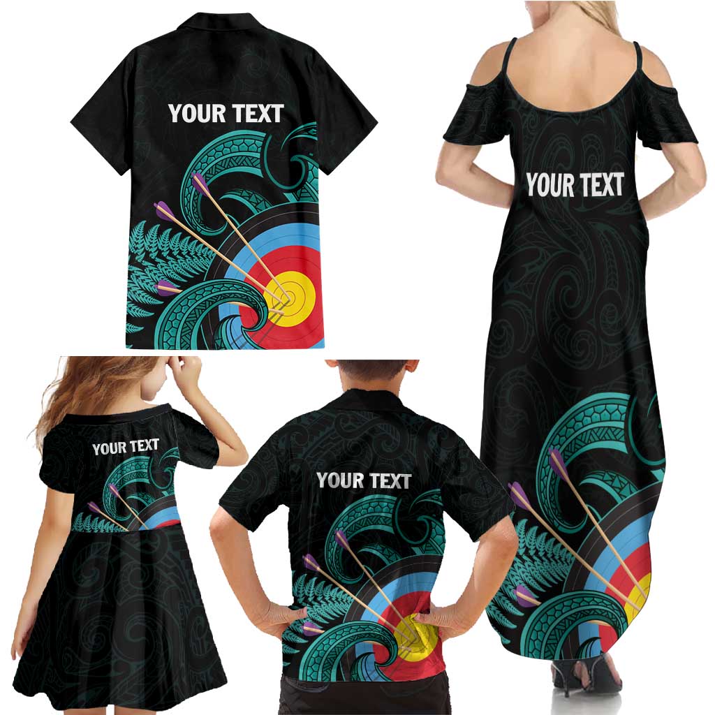 Personalised New Zealand Archery Family Matching Summer Maxi Dress and Hawaiian Shirt Turquoise Maori Silver Fern
