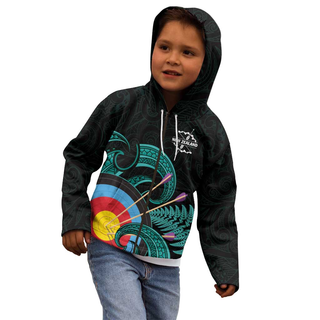 Personalised New Zealand Archery Kid Hoodie Turquoise Maori Silver Fern