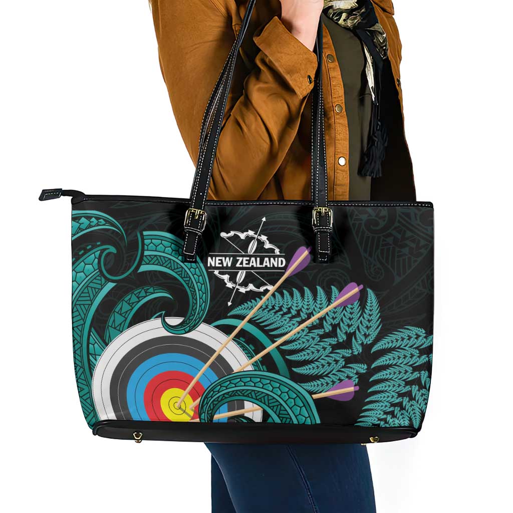 New Zealand Archery Leather Tote Bag Turquoise Maori Silver Fern LT01 - Polynesian Pride