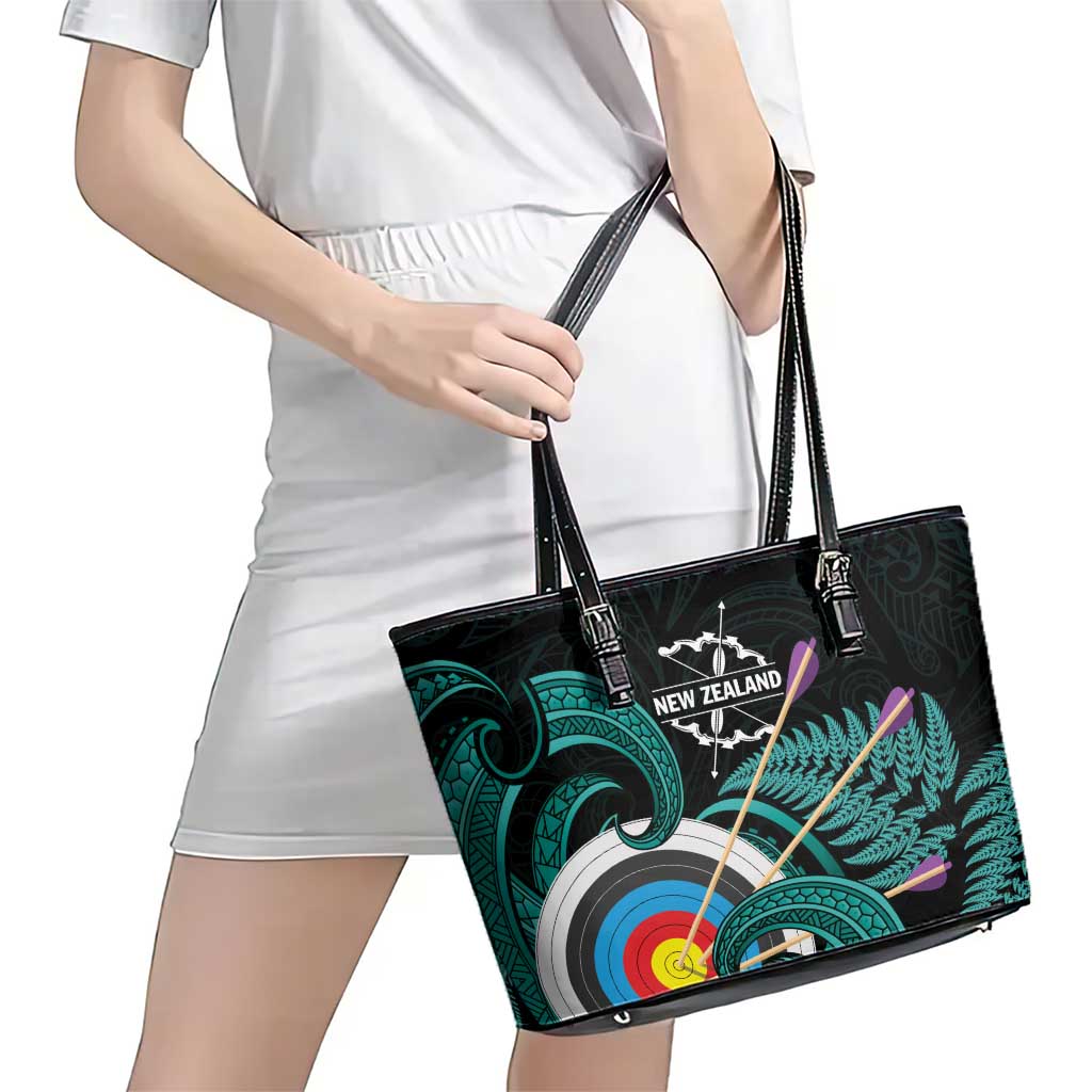 New Zealand Archery Leather Tote Bag Turquoise Maori Silver Fern LT01 - Polynesian Pride