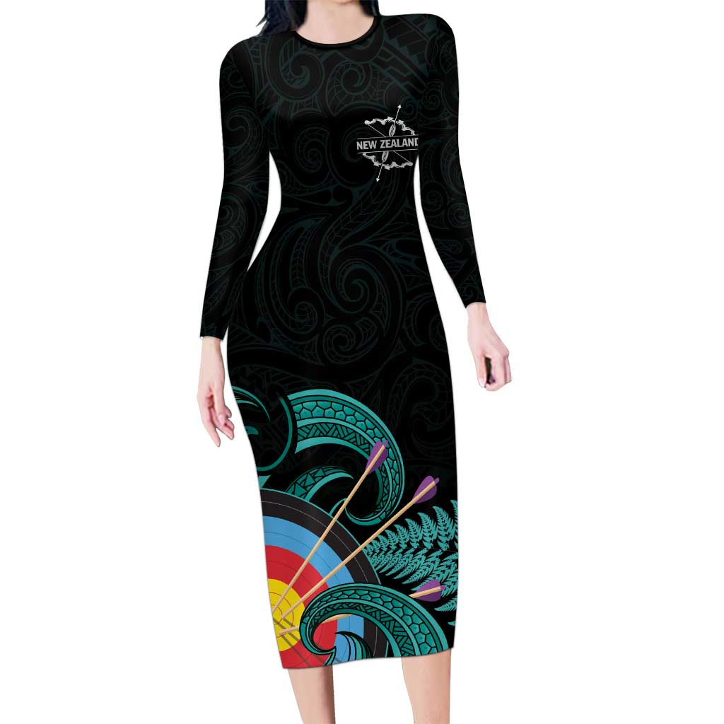 Personalised New Zealand Archery Long Sleeve Bodycon Dress Turquoise Maori Silver Fern