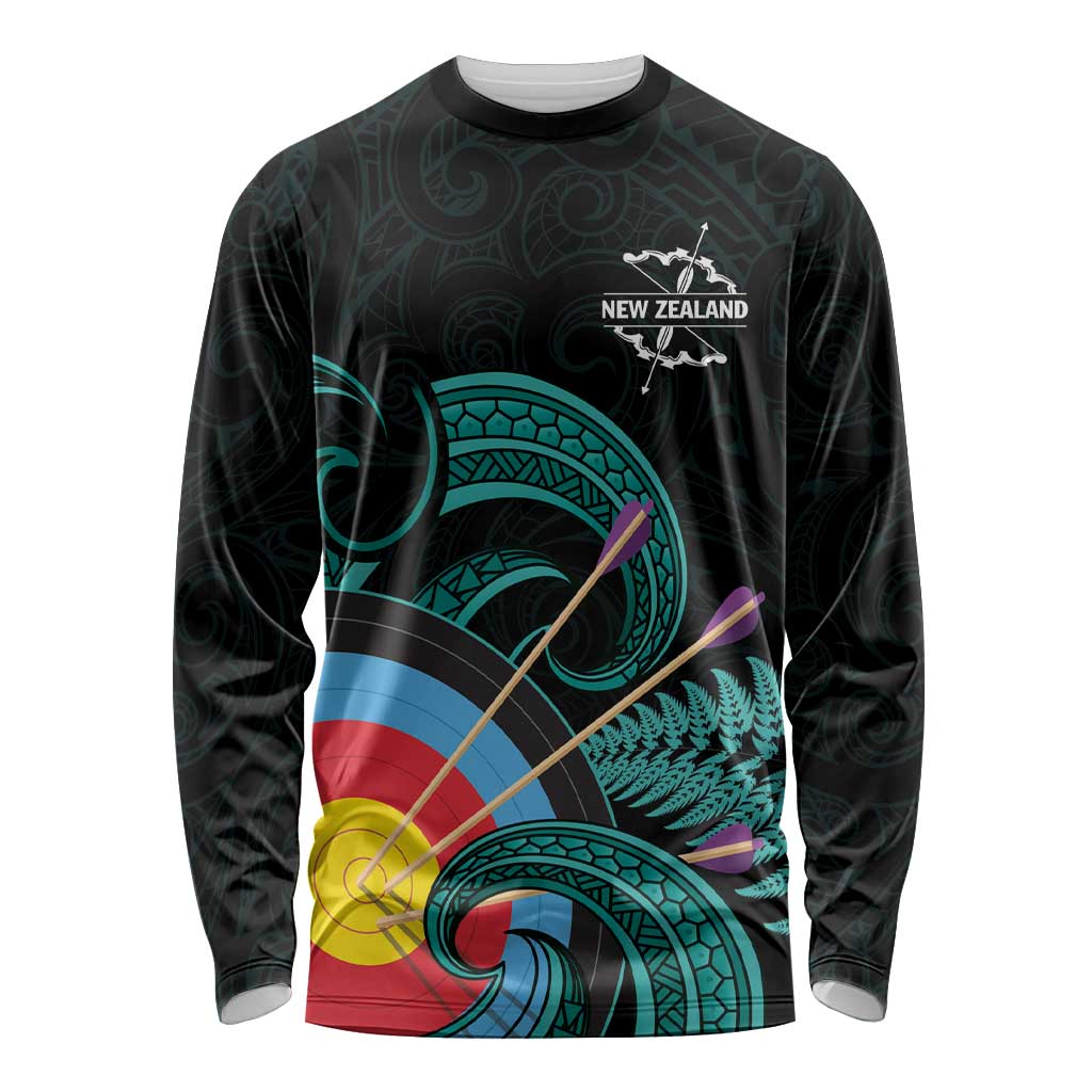 Personalised New Zealand Archery Long Sleeve Shirt Turquoise Maori Silver Fern