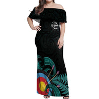 Personalised New Zealand Archery Off Shoulder Maxi Dress Turquoise Maori Silver Fern