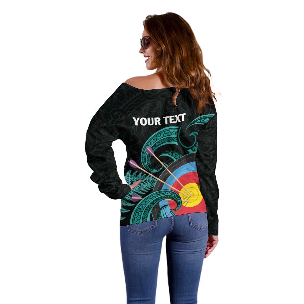 Personalised New Zealand Archery Off Shoulder Sweater Turquoise Maori Silver Fern
