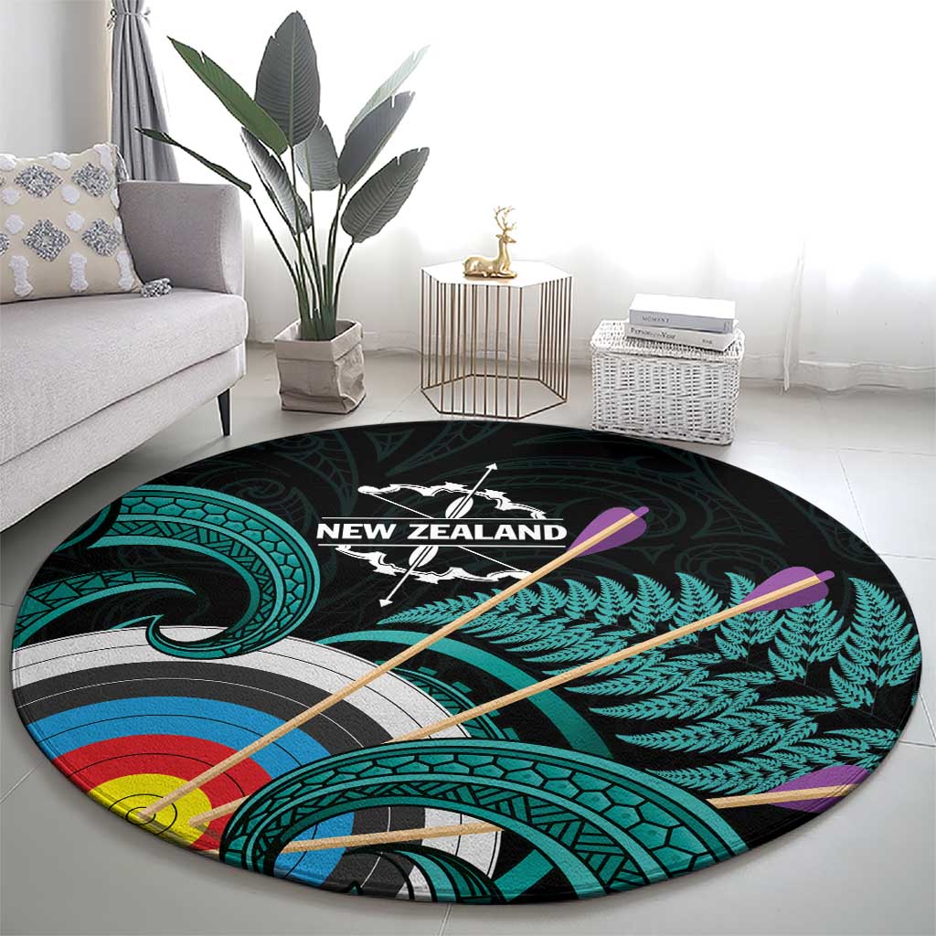New Zealand Archery Round Carpet Turquoise Maori Silver Fern
