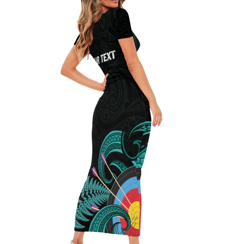 Personalised New Zealand Archery Short Sleeve Bodycon Dress Turquoise Maori Silver Fern