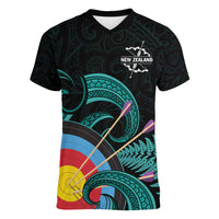 Personalised New Zealand Archery Women V-Neck T-Shirt Turquoise Maori Silver Fern LT01 Female Turquoise - Polynesian Pride
