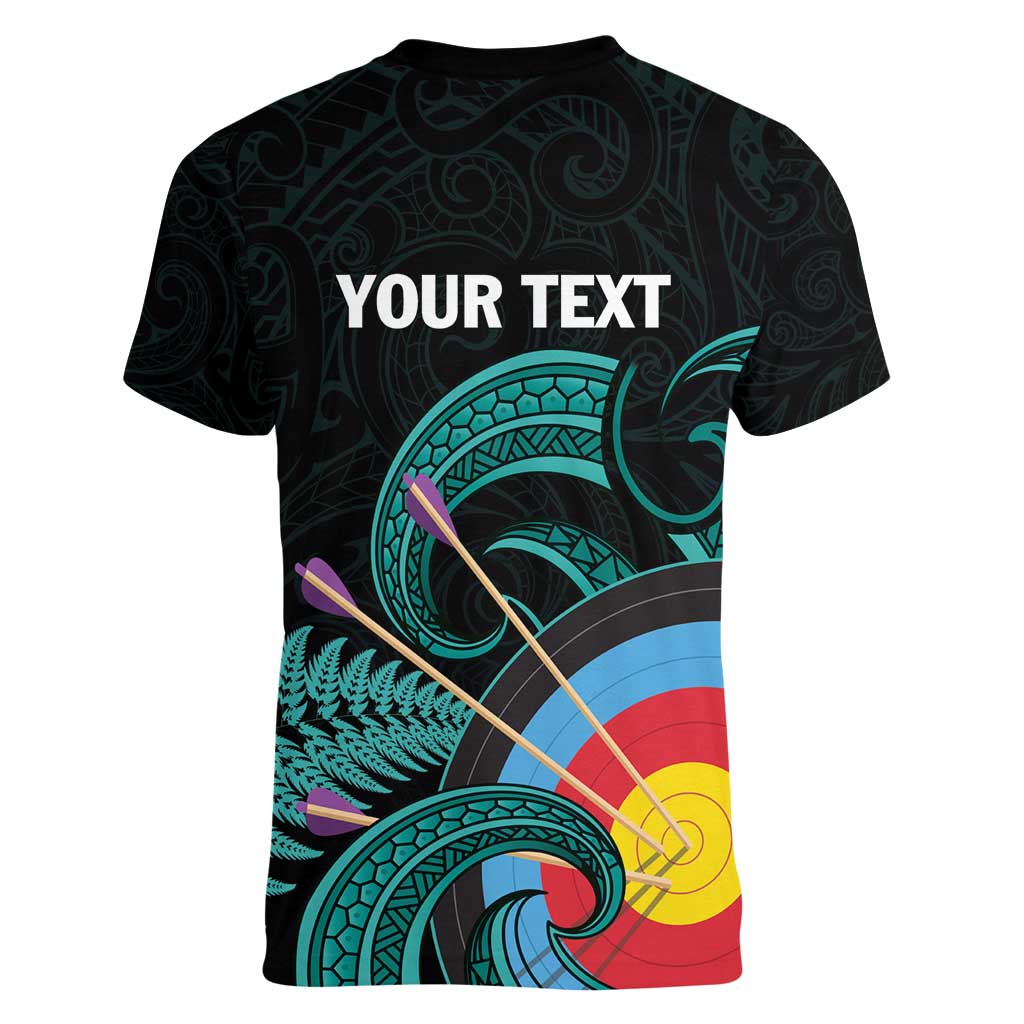 Personalised New Zealand Archery Women V-Neck T-Shirt Turquoise Maori Silver Fern LT01 - Polynesian Pride