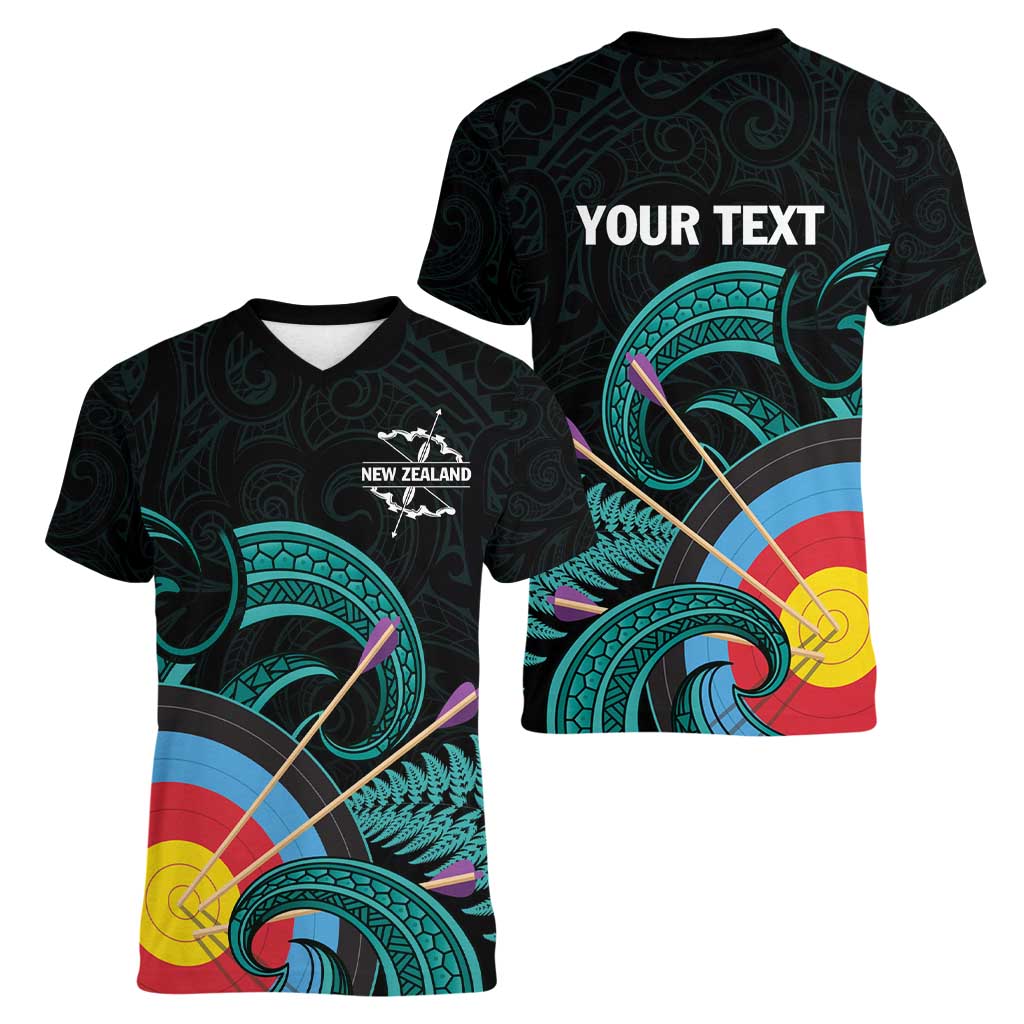 Personalised New Zealand Archery Women V-Neck T-Shirt Turquoise Maori Silver Fern LT01 - Polynesian Pride