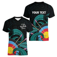 Personalised New Zealand Archery Women V-Neck T-Shirt Turquoise Maori Silver Fern LT01 - Polynesian Pride
