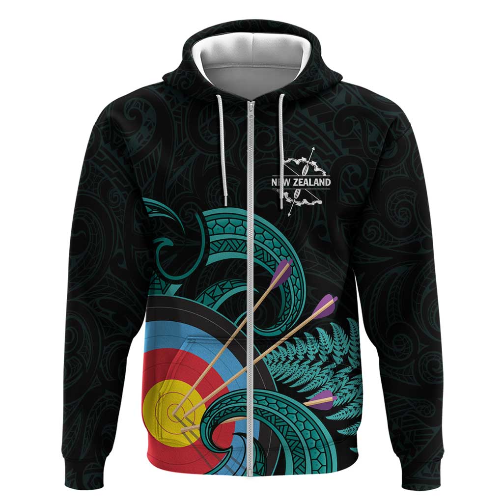 Personalised New Zealand Archery Zip Hoodie Turquoise Maori Silver Fern