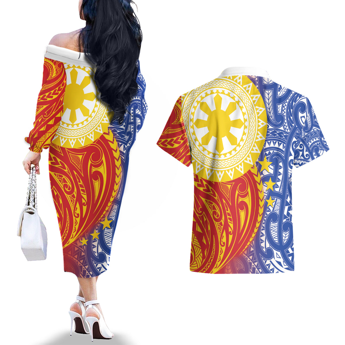 Philippines Couples Matching Off The Shoulder Long Sleeve Dress and Hawaiian Shirt Pilipinas Polynesian Pattern