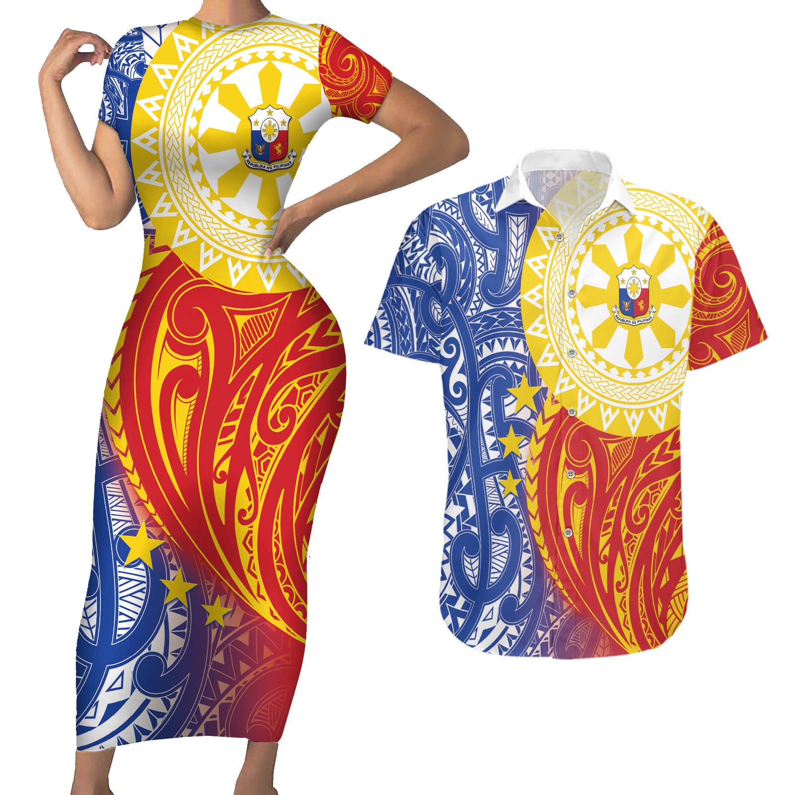 Philippines Couples Matching Short Sleeve Bodycon Dress and Hawaiian Shirt Pilipinas Polynesian Pattern