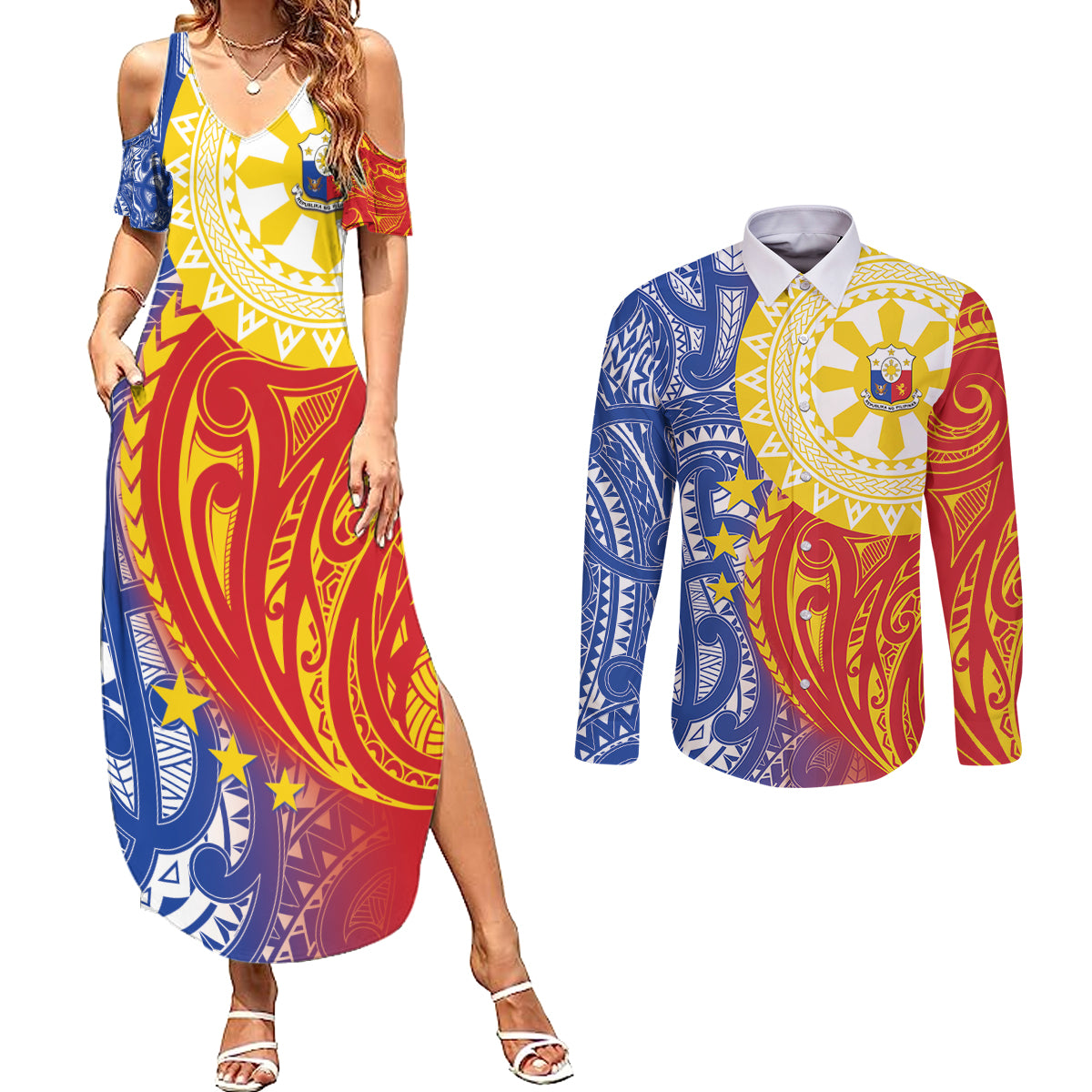 Philippines Couples Matching Summer Maxi Dress and Long Sleeve Button Shirt Pilipinas Polynesian Pattern