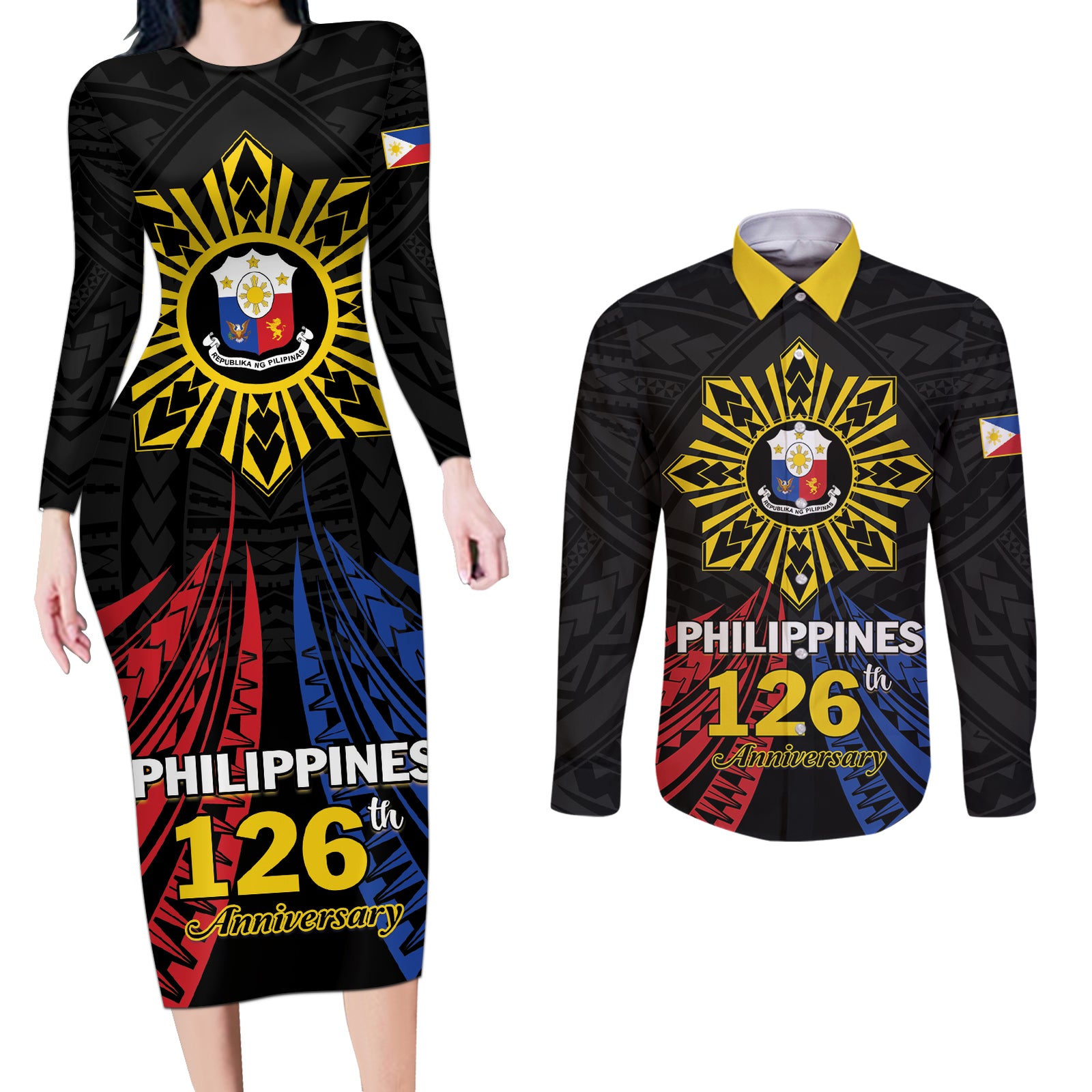 Personalized Philippines Independence Day Couples Matching Long Sleeve Bodycon Dress and Long Sleeve Button Shirt Filipino 126th Anniversary Sun Tattoo