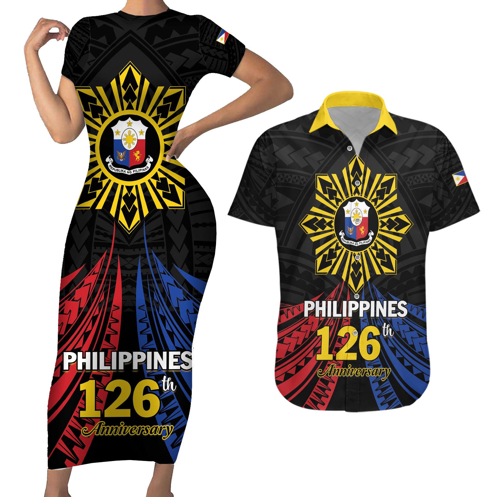 Personalized Philippines Independence Day Couples Matching Short Sleeve Bodycon Dress and Hawaiian Shirt Filipino 126th Anniversary Sun Tattoo