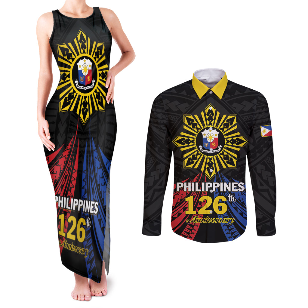 Personalized Philippines Independence Day Couples Matching Tank Maxi Dress and Long Sleeve Button Shirt Filipino 126th Anniversary Sun Tattoo