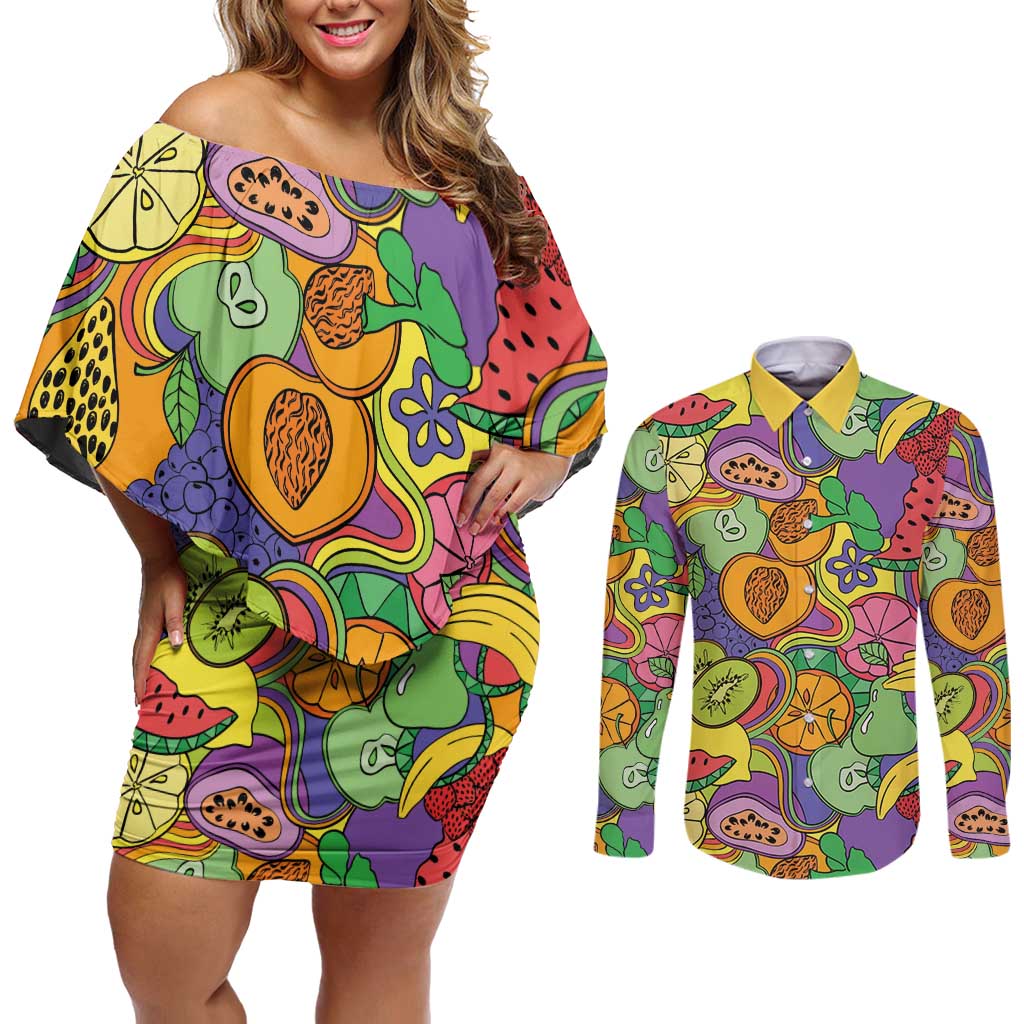 Hawaii Fruits Hippie Style Couples Matching Off Shoulder Short Dress and Long Sleeve Button Shirt Vibrant Colorful