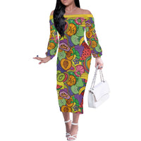 Hawaii Fruits Hippie Style Off The Shoulder Long Sleeve Dress Vibrant Colorful LT01 Women Multicolor - Polynesian Pride