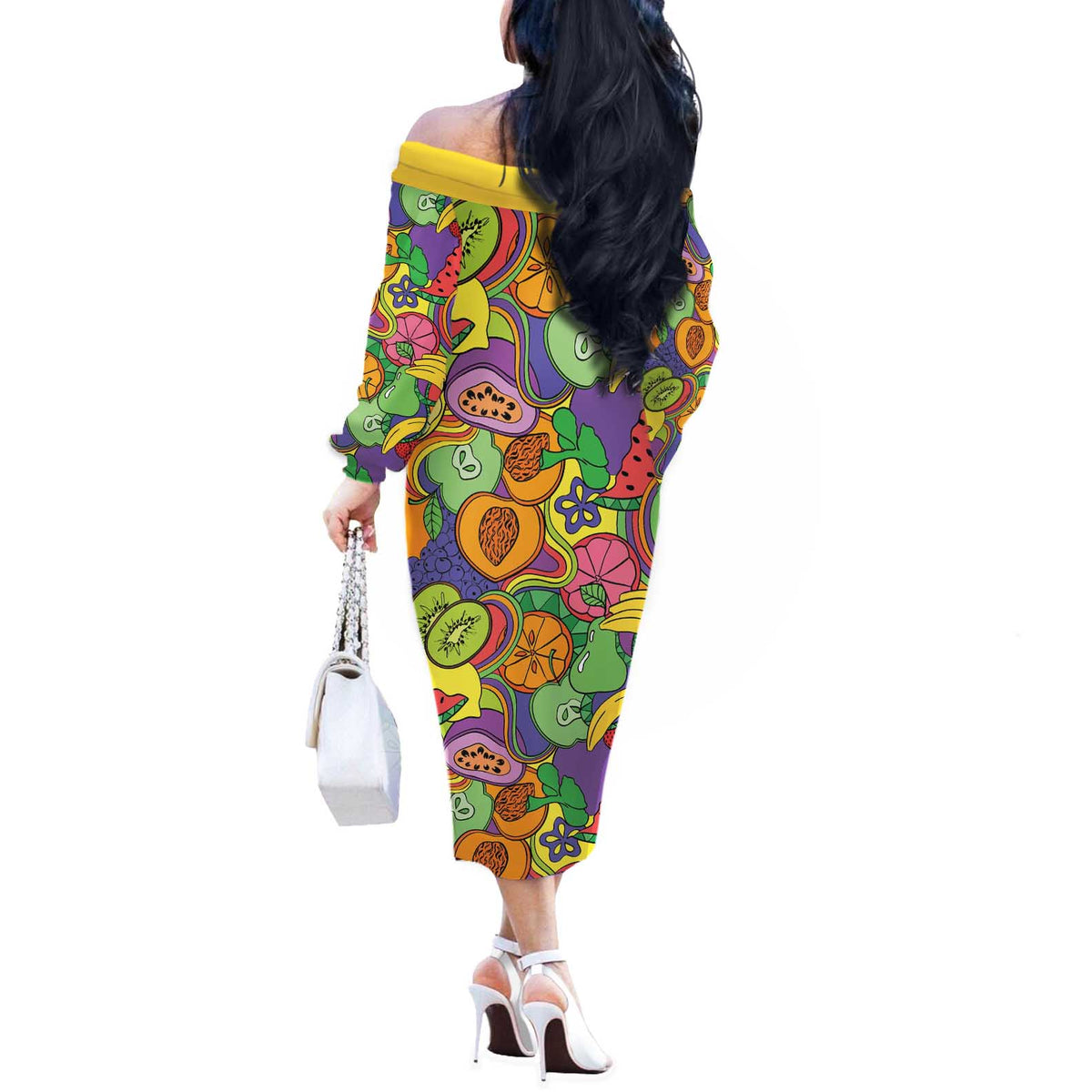 Hawaii Fruits Hippie Style Off The Shoulder Long Sleeve Dress Vibrant Colorful LT01 - Polynesian Pride