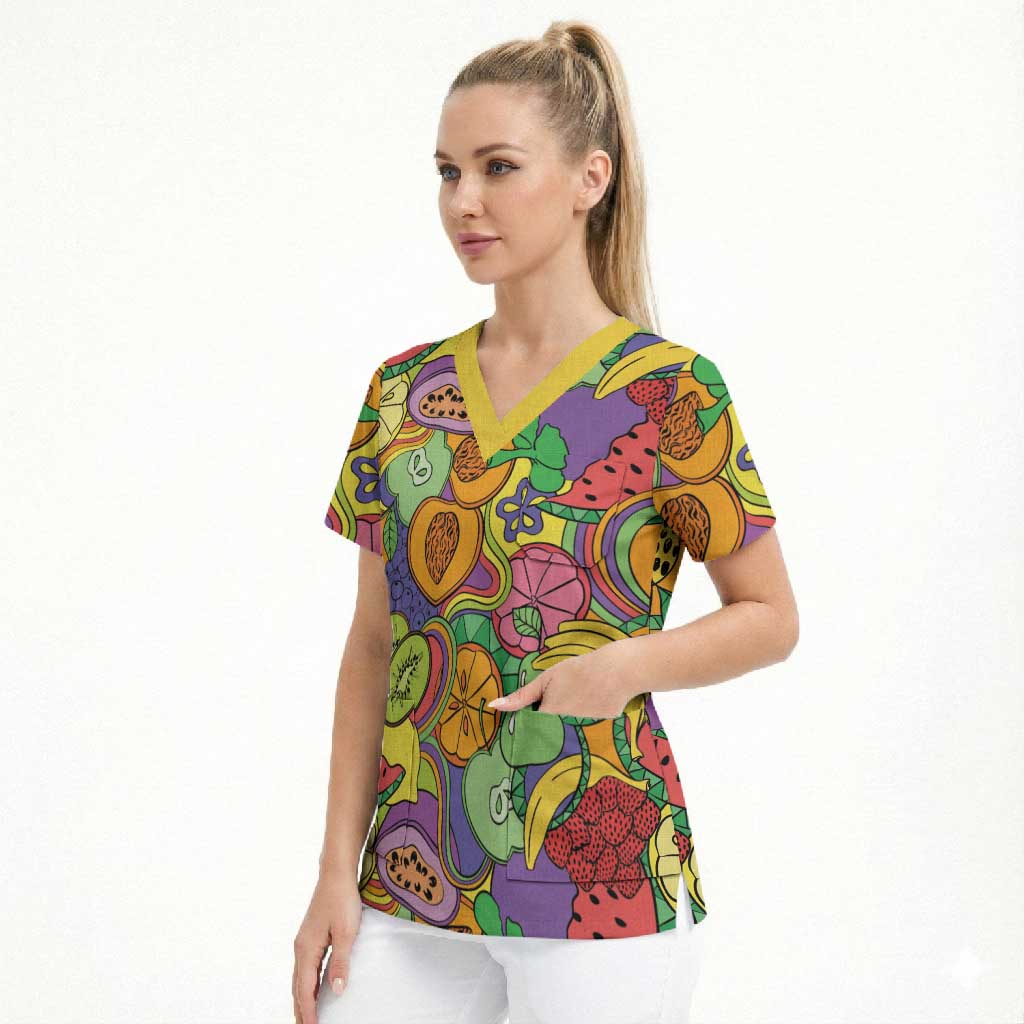 Hawaii Fruits Hippie Style Scrub Top Vibrant Colorful LT01 - Polynesian Pride