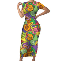 Hawaii Fruits Hippie Style Short Sleeve Bodycon Dress Vibrant Colorful LT01 Long Dress Multicolor - Polynesian Pride