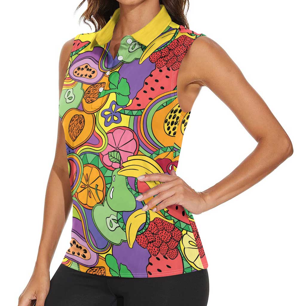 Hawaii Fruits Hippie Style Women Sleeveless Polo Shirt Vibrant Colorful LT01 - Polynesian Pride