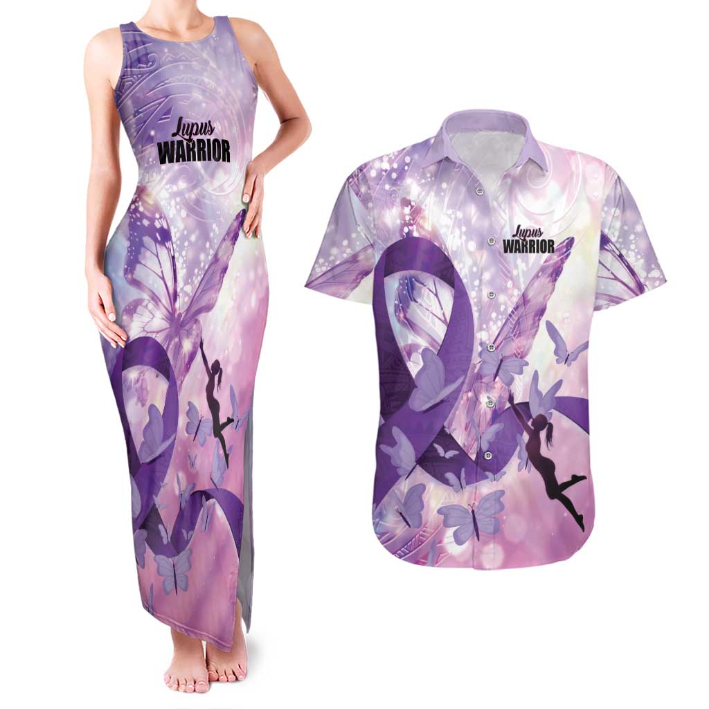 Personalized Polynesian Lupus Awareness Couples Matching Tank Maxi Dress and Hawaiian Shirt Butterfly Hologram Lupus Warrior