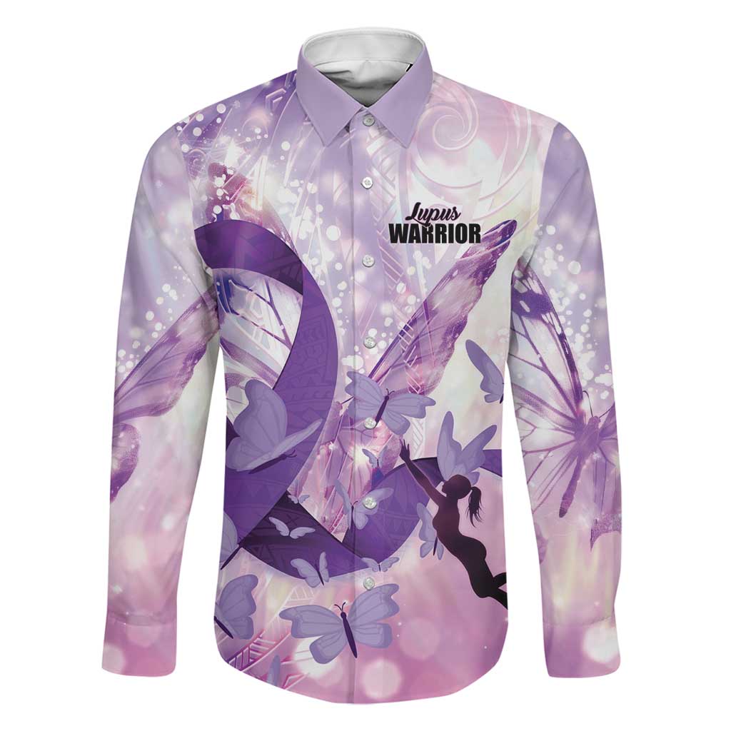 Personalized Polynesian Lupus Awareness Family Matching Long Sleeve Bodycon Dress and Hawaiian Shirt Butterfly Hologram Lupus Warrior LT01 Dad's Shirt - Long Sleeve Purple - Polynesian Pride