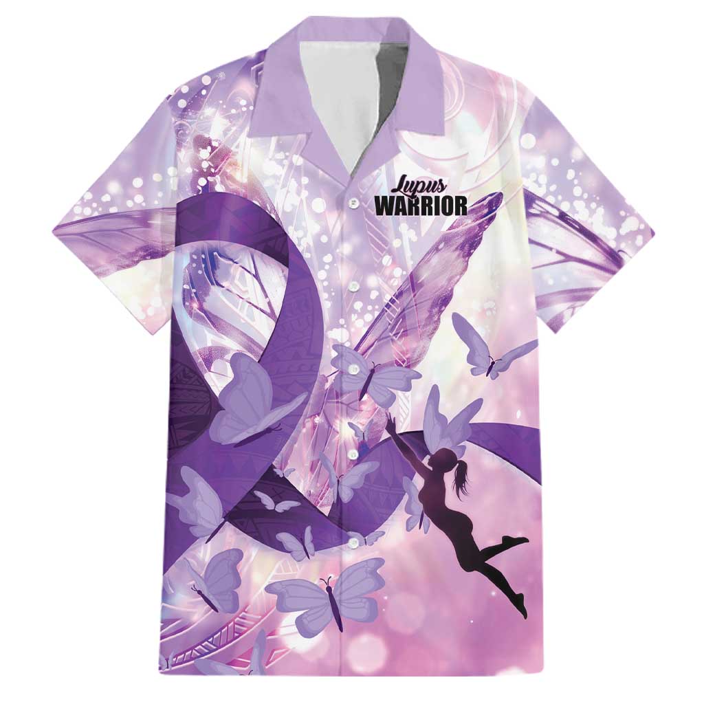 Personalized Polynesian Lupus Awareness Family Matching Off Shoulder Short Dress and Hawaiian Shirt Butterfly Hologram Lupus Warrior LT01 Dad's Shirt - Short Sleeve Purple - Polynesian Pride