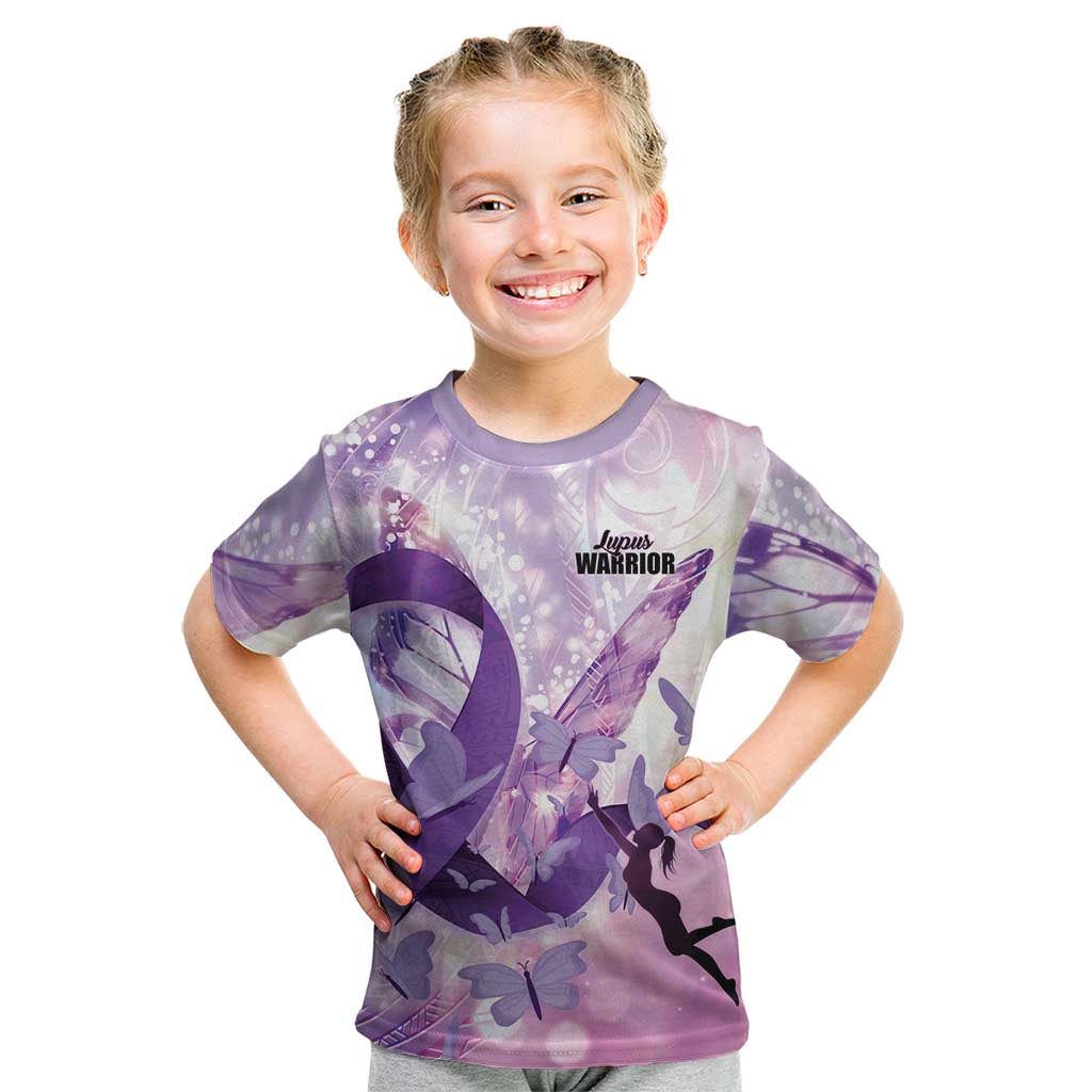 Personalized Polynesian Lupus Awareness Kid T Shirt Butterfly Hologram Lupus Warrior LT01 Purple - Polynesian Pride