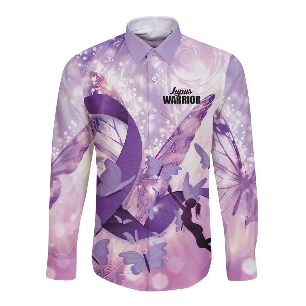 Personalized Polynesian Lupus Awareness Long Sleeve Button Shirt Butterfly Hologram Lupus Warrior LT01 Unisex Purple - Polynesian Pride