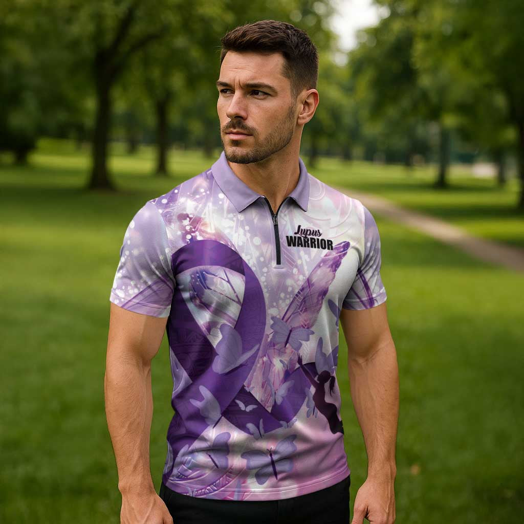 Personalized Polynesian Lupus Awareness Zipper Polo Shirt Butterfly Hologram Lupus Warrior LT01 - Polynesian Pride