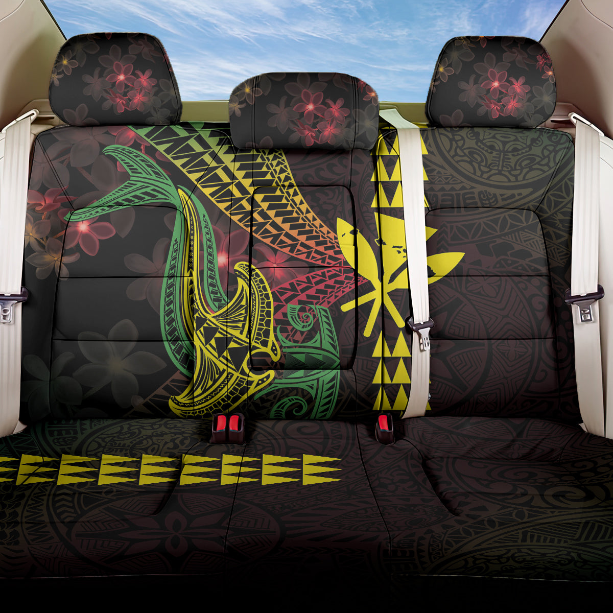 Hawaii Kakau Hammerhead Shark Back Car Seat Cover Neon Plumeria Pattern