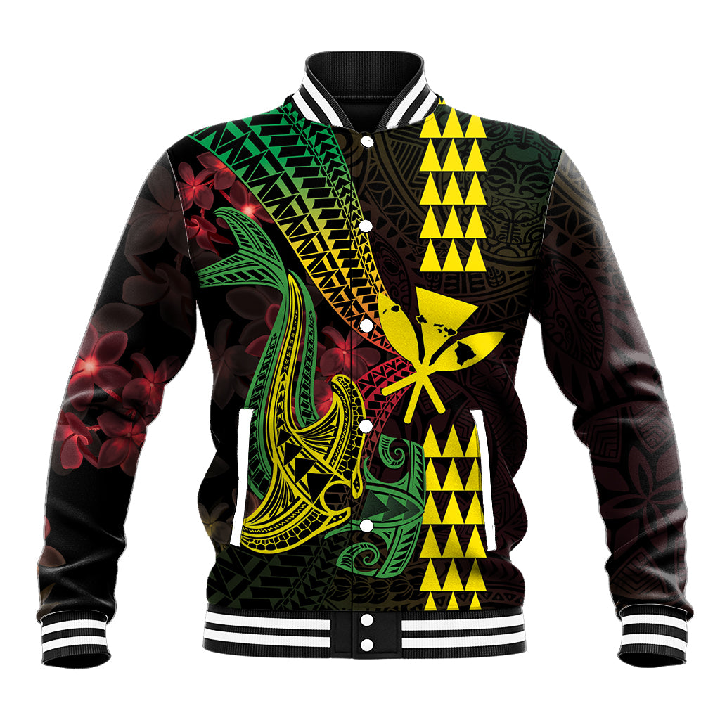 Hawaii Kakau Hammerhead Shark Baseball Jacket Neon Plumeria Pattern