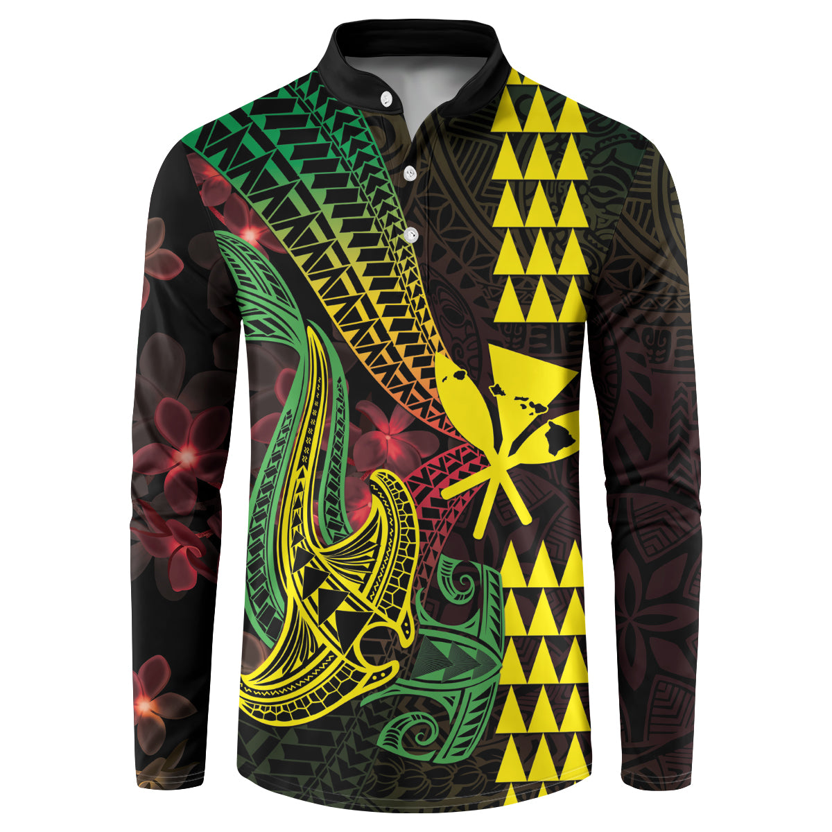 Hawaii Kakau Hammerhead Shark Button Sweatshirt Neon Plumeria Pattern