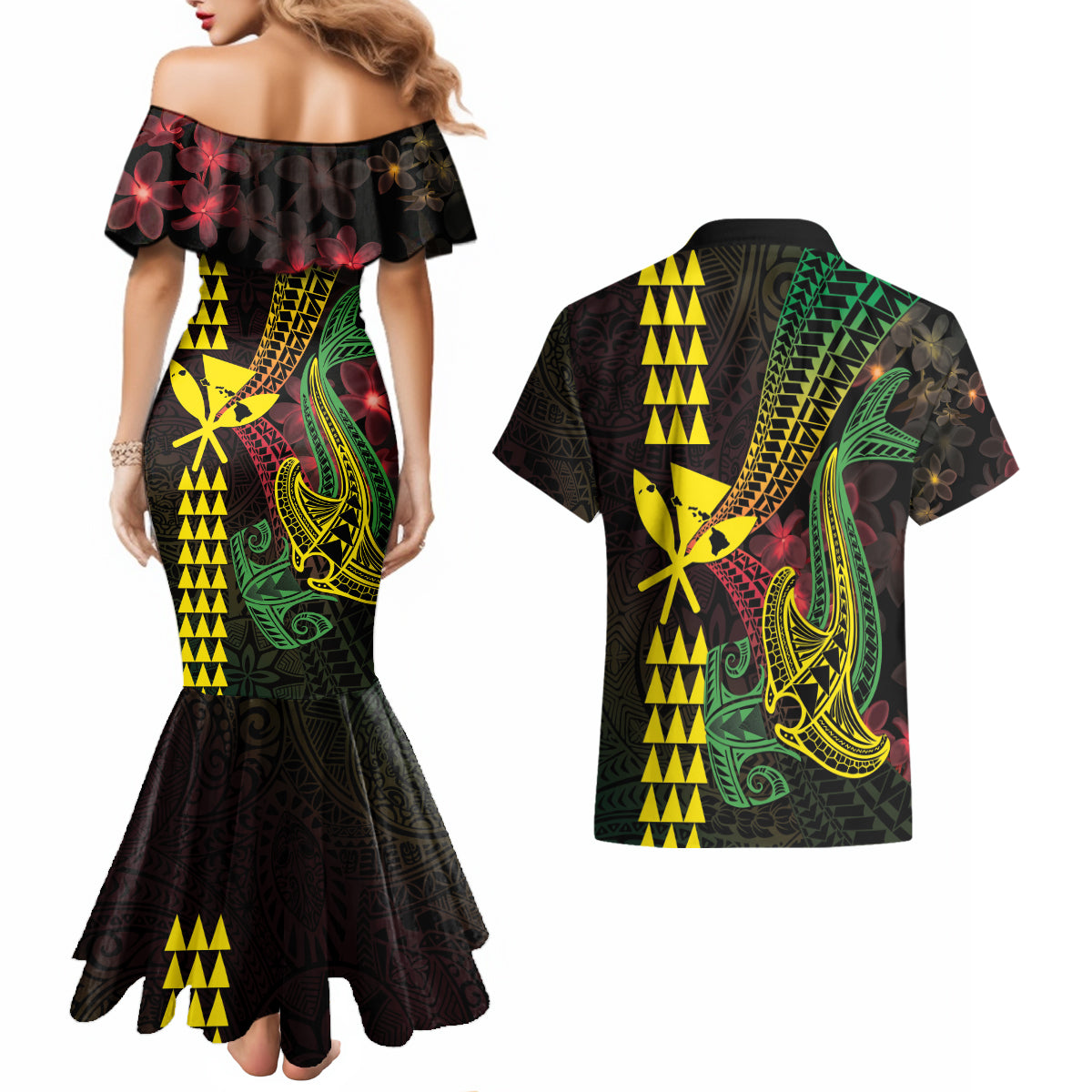 Hawaii Kakau Hammerhead Shark Couples Matching Mermaid Dress and Hawaiian Shirt Neon Plumeria Pattern