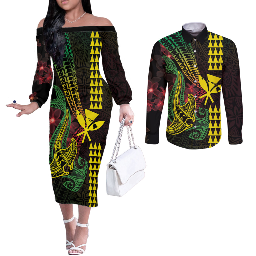 Hawaii Kakau Hammerhead Shark Couples Matching Off The Shoulder Long Sleeve Dress and Long Sleeve Button Shirt Neon Plumeria Pattern