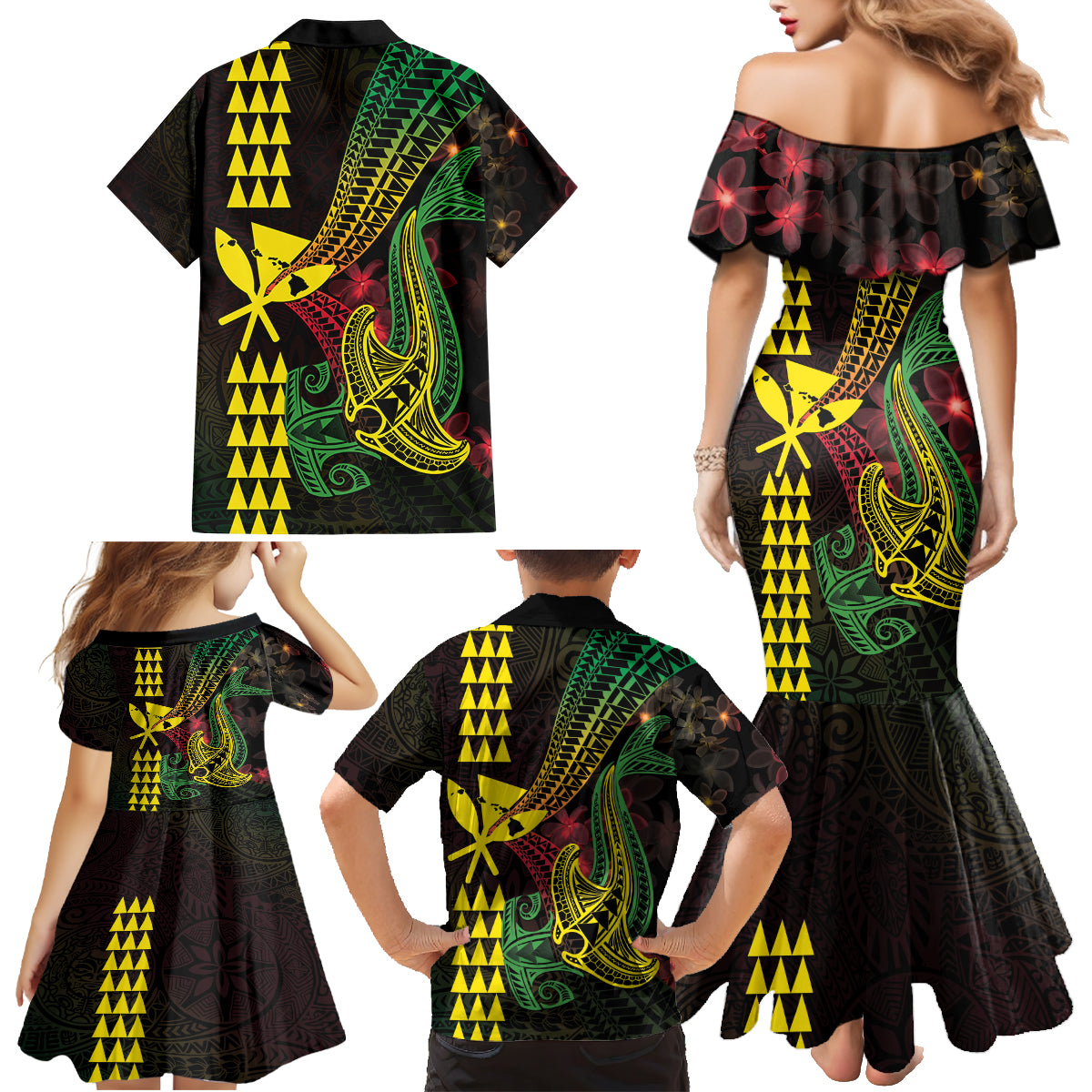 Hawaii Kakau Hammerhead Shark Family Matching Mermaid Dress and Hawaiian Shirt Neon Plumeria Pattern