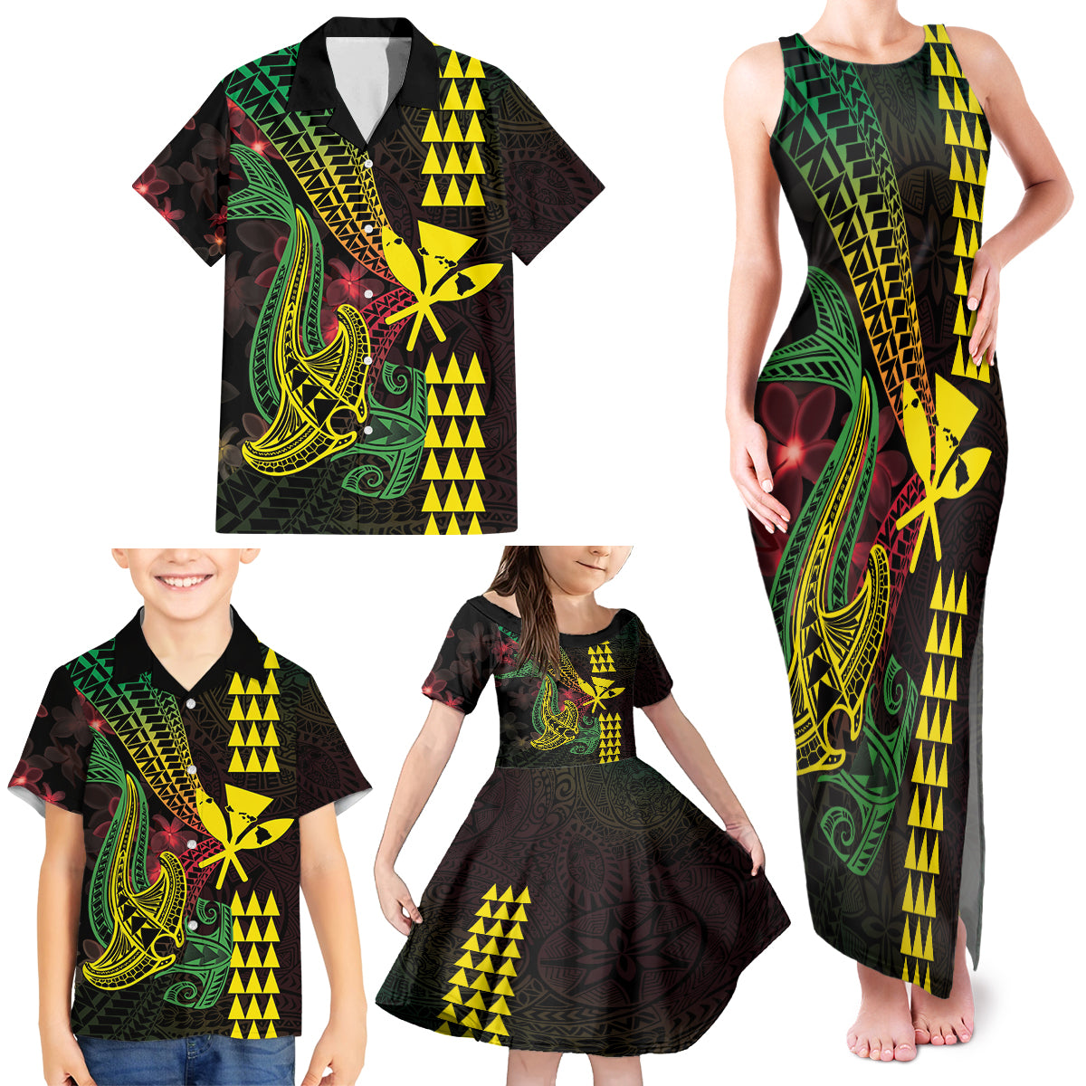 Hawaii Kakau Hammerhead Shark Family Matching Tank Maxi Dress and Hawaiian Shirt Neon Plumeria Pattern