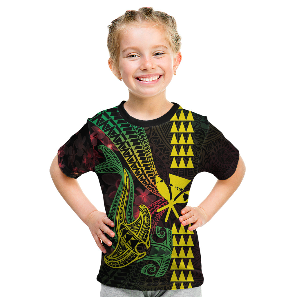 Hawaii Kakau Hammerhead Shark Kid T Shirt Neon Plumeria Pattern