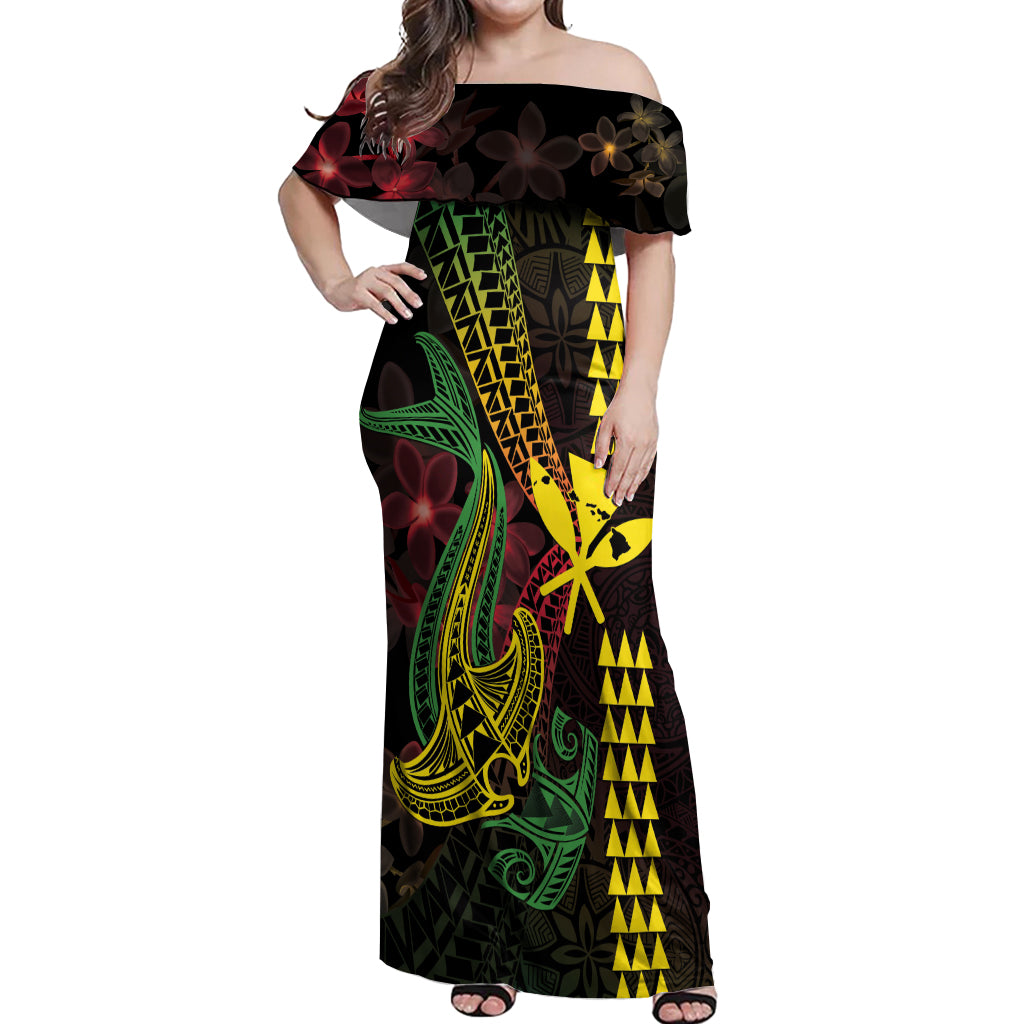 Hawaii Kakau Hammerhead Shark Off Shoulder Maxi Dress Neon Plumeria Pattern