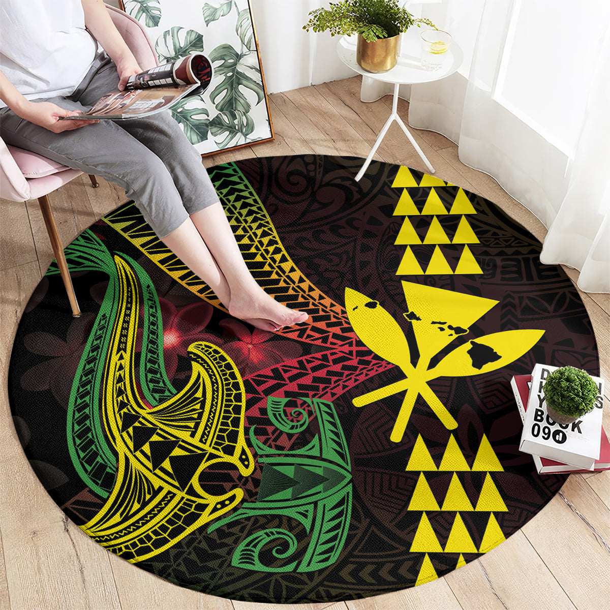 Hawaii Kakau Hammerhead Shark Round Carpet Neon Plumeria Pattern