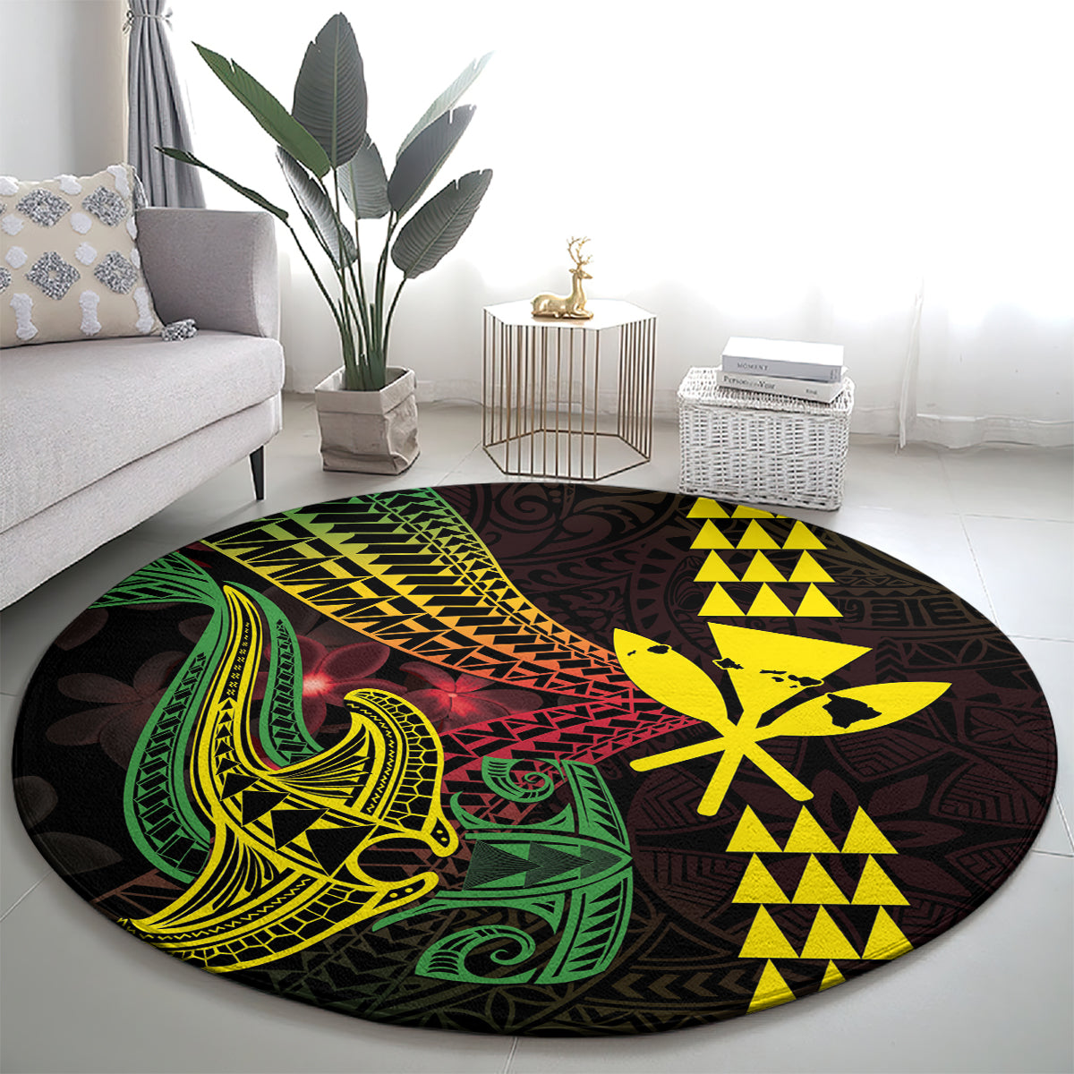 Hawaii Kakau Hammerhead Shark Round Carpet Neon Plumeria Pattern