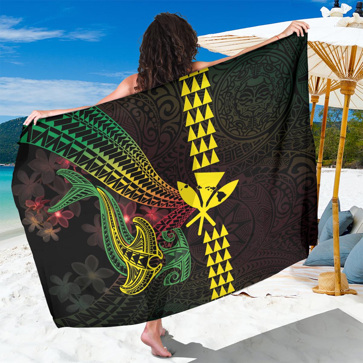 Hawaii Kakau Hammerhead Shark Sarong Neon Plumeria Pattern