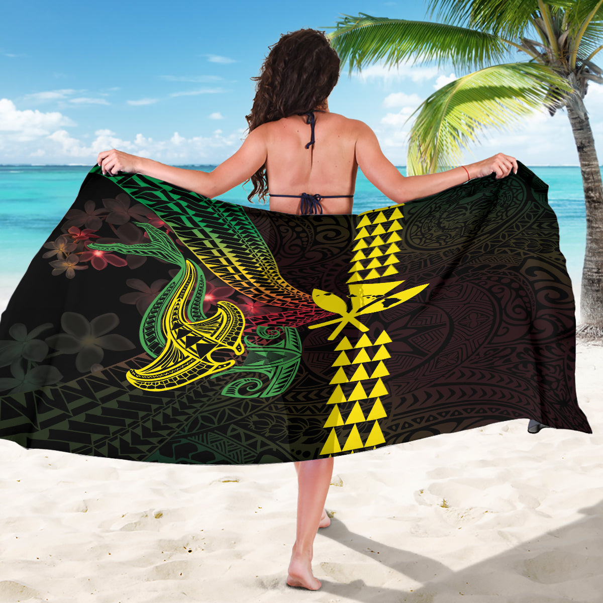 Hawaii Kakau Hammerhead Shark Sarong Neon Plumeria Pattern