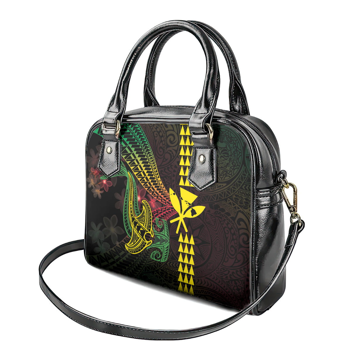 Hawaii Kakau Hammerhead Shark Shoulder Handbag Neon Plumeria Pattern