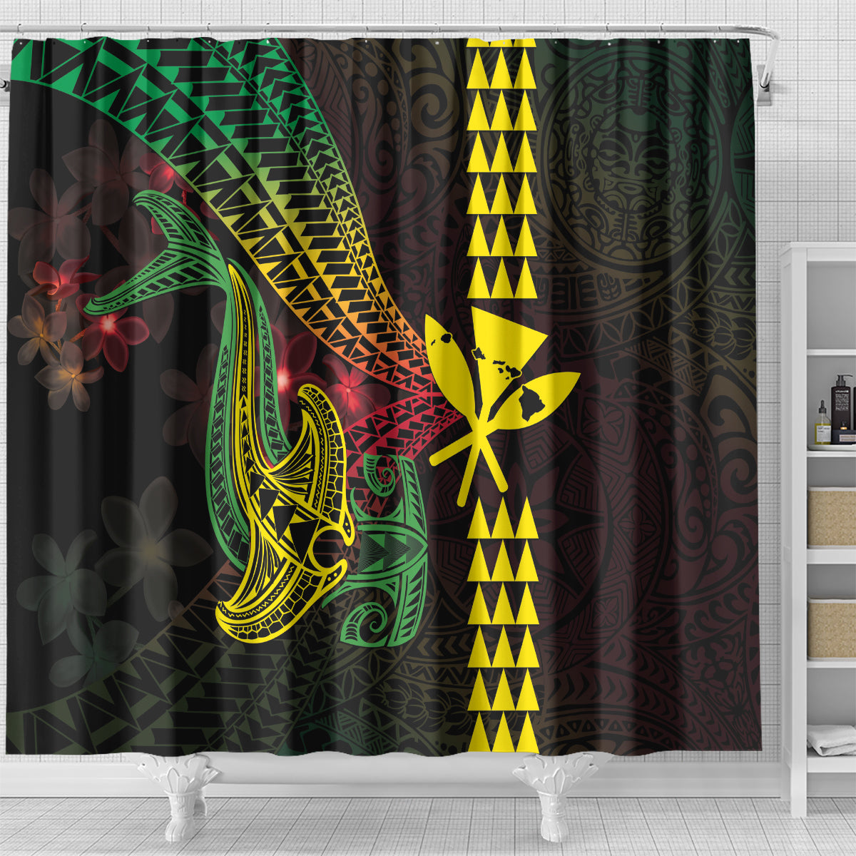 Hawaii Kakau Hammerhead Shark Shower Curtain Neon Plumeria Pattern