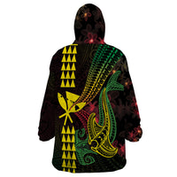 Hawaii Kakau Hammerhead Shark Wearable Blanket Hoodie Neon Plumeria Pattern
